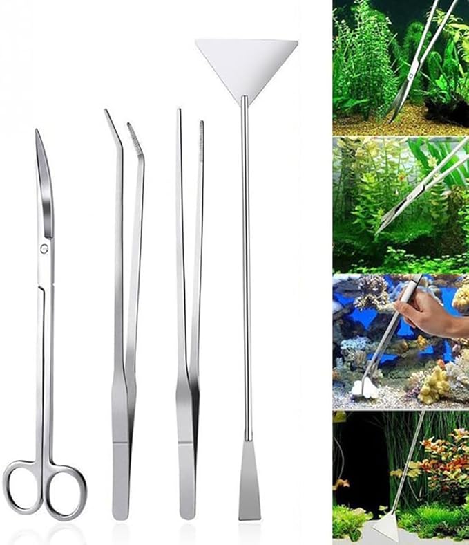 4 Pcs Stainless Steel Aquarium Kit Long Tweezers Scissors Fish Tank Cleaning Tweezers Aquatic Plant Scissors Aquascaping Tools
