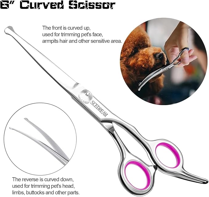 3 in 1 Dog Grooming Scissors for Dogs with Safety Round Tips, Curved Dog Grooming Scissors,Professional Pet Shears Set for Dogs and Cats, Pink