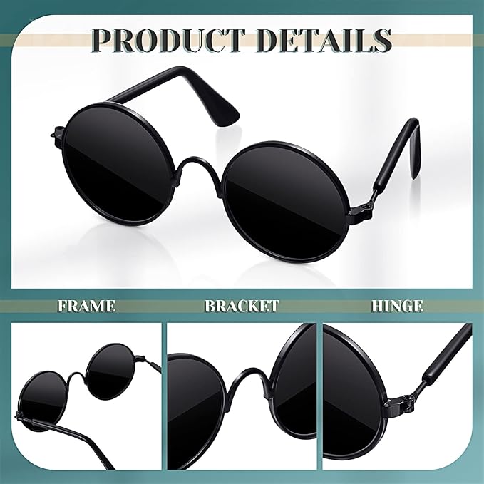 Dog Sunglasses Retro Pet Glasses Doll Glasses Classic Round Dog Glasses Metal Cat Puppy Eye Wear Hippie Costumes for Cats and Dogs, Photos Props Cosplay Party Costume (Black, Classic Style)