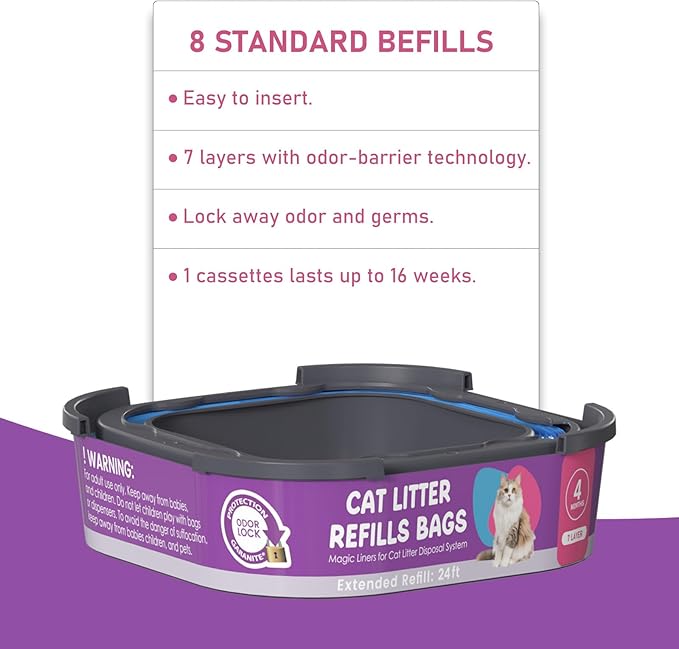 Cat Litter Refill Bags Cartridge, Compatible with Litter Cat Genie Standard, Plus, XL, XL+ Pail Refills, 7-Layer Odor Control Pet Waste Bags 8 Pack