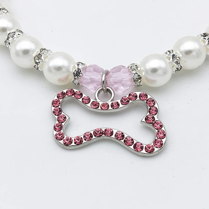 Pearl Crystal Dog Necklace Collar Jewelry for Small Dogs Puppy, Bling Cat Wedding Collar with Rhinestones Charm, Chihuahua Yorkie Clothes Outfits Accessories (Pink Bone, 12 to 14-Inch)