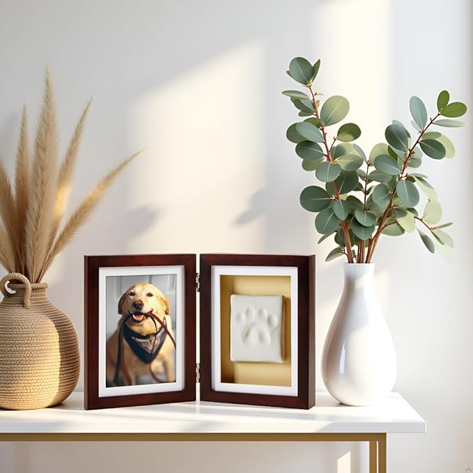 Pearhead Pet Paw Print Memorial Frame with Clay Imprint Kit, Dog & Cat Pawprint Keepsake Wood Photo Frame, DIY No Bake Paw Print Kit, 4x6 Picture Display, Espresso Brown
