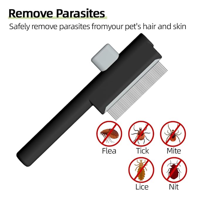 Marchul 2Pcs Pet Comb Flea Comb Set for Cats Dogs, Cat Grooming Brush with Release Button and Stainless Steel Round Teeth, Self-Cleaning Dog Combs for Removing Pet Hair, Knots & Loose Fur, Black