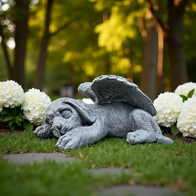 Small Dog Angel Pet Memorial Grave Marker Tribute Statue，Resin Sleeping Dog Statue with Wings for Garden,Indoor,Pet Grave Markers,and Loss of Sympathy Gift(Gray)