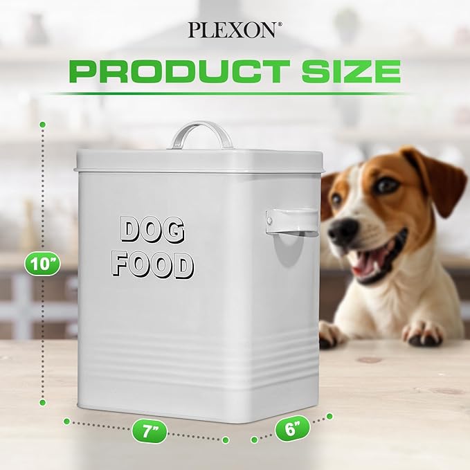 Plexon Metal Dog Food Storage Container with Scoop - Small Dog Food Container Holder Treat Jar Bin with Lid - Pet Chow Storage Canister Tin,1.5 Gallon, 7 lbs, White