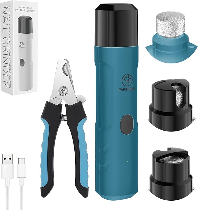 PAPIFEED Dog Nail Grinder with LED Light, Ultra Quiet 3-Speed Electric Nail File for Small Medium Large Dogs & Cats, Rechargeable Pet Nail Grinder Set with Nail Trimmer (Blue Kit)