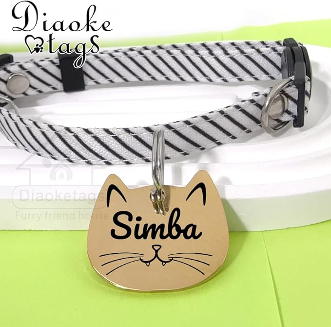 Stainless Steel Cat ID Tag Personalized Pet Tags with up to 4 Lines of Custom Text, Small Pet Mini Dog Cat Tag Lightweight, Engraved on Both Sides, Multiple Patterns Colors Size Options (cat)