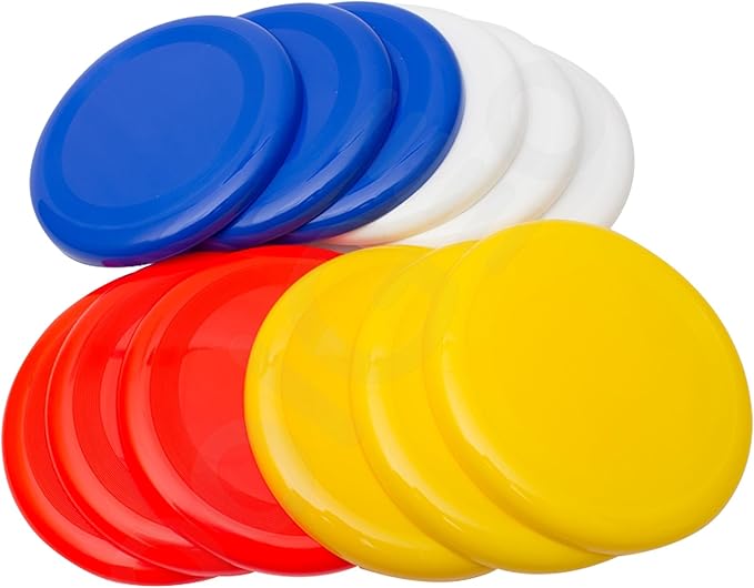 Fun Central High-Flying Excitement: 12 Pack, 10 Inch Assorted Color Flying Discs (Blue, Red, White, Yellow) - Perfect Backyard Games, Sports, Summer Beach, 4th of July Party Essential