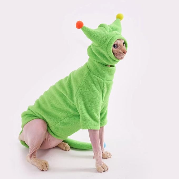 Sphynx Cat Clothes, Warm Cat Jumpsuit with Hat and Tail Cover, Full Set for Hairless Cats, Cornish Rex and Devon Rex (Green, XXL(10-11lbs))