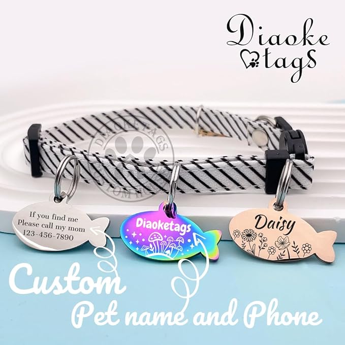 Stainless Steel Cat ID Tag Personalized Pet Tags with up to 4 Lines of Custom Text, Small Pet Mini Dog Cat Tag Lightweight, Engraved on Both Sides, Multiple Patterns Colors Size Options (Mushroom)