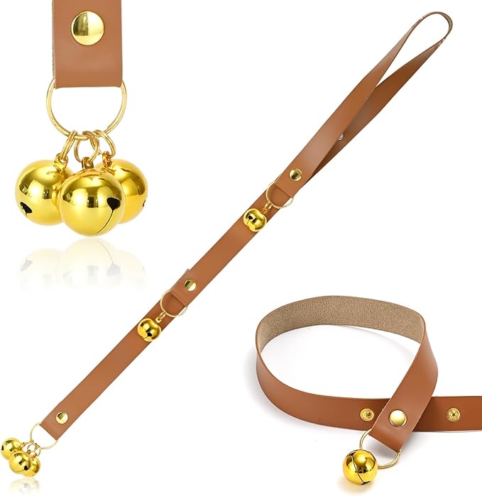 Brown Leather Hanging Door Bells for Dog Training Tools to Go Outside Dog Accessories to Ring to Go Potty Upgraded Puppy Essentials for Home (Gold Jingle Bells)