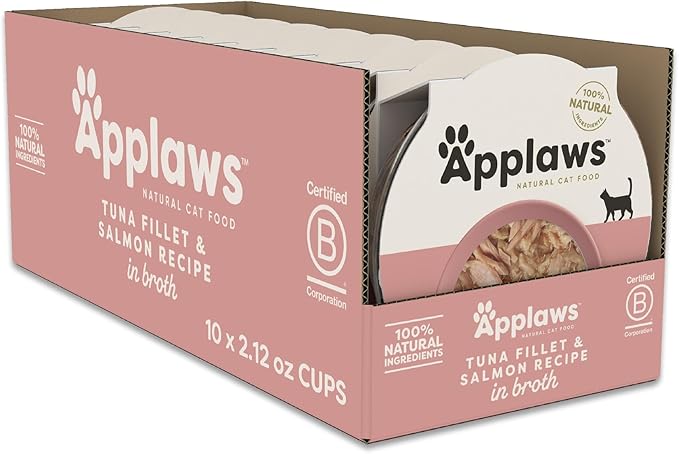 Applaws Natural Wet Cat Food in Broth, Limited and Natural Ingredients, High Protein with No Artificial Additives, Tuna Fillet & Salmon in Broth (10 x 2.12 oz Easy-Open Cups)