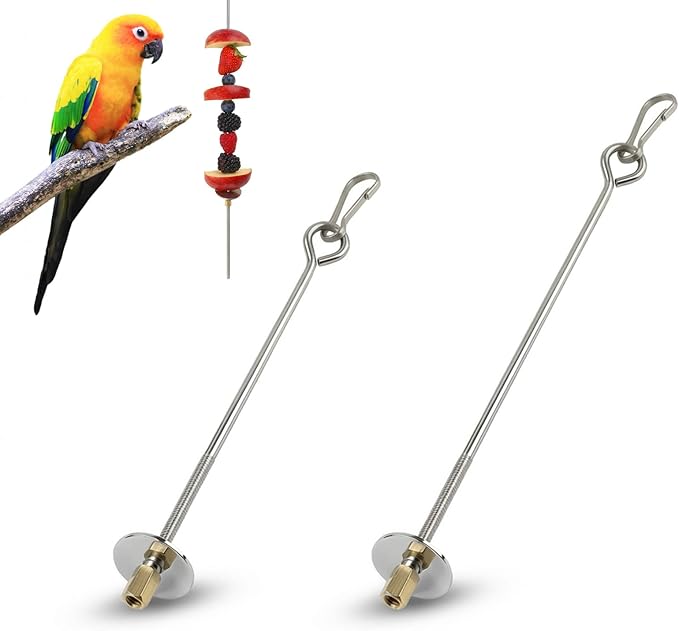 Bird Cage Food Holder - 2 Pcs Stainless Steel Parrot Fruit Vegetable Skewer Bird Cage Feeder, Birds Foraging Toys with Hooks for Parakeets, Budgies, Macaws