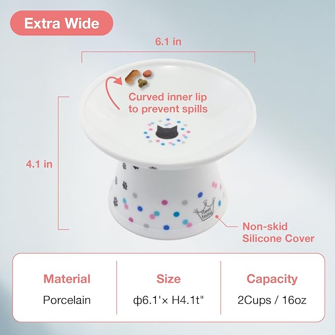 Necoichi Raised Cat Food Bowl Ceramic Elevated Cat Bowl for Whisker & Neck Fatigue, Dishwasher Microwave Safe Non-Slip & Anti Vomiting Ergonomic Design (Colorful Dots, Extra Wide, 2-Cups Capacity)