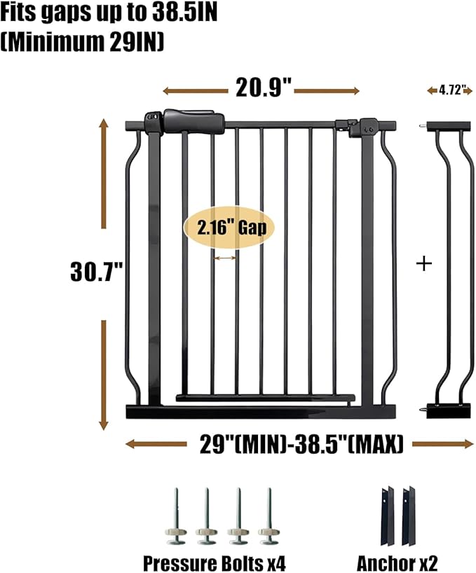 Walk Through Baby Gate 29-38.5 Inch Wide Openings Large Baby Gate for Stairs Tension Pet Dog Gates Indoor for Doorways No Drilling Pressure Mounted Pet Gates for Kids