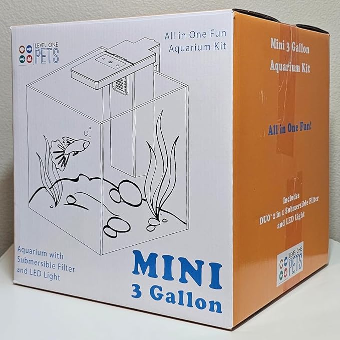 Level One Pets 3 Gallon Mini Betta, Small Fish Aquarium Kit - Includes Duo 2 in 1 Submersible Filter with LED Light