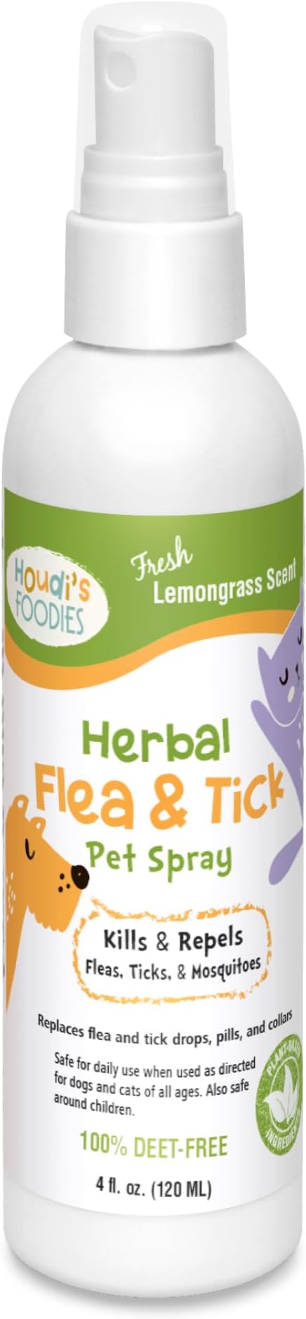Houdi's Foodies Herbal Flea & Tick Pet Spray by North American Herb & Spice - Lemongrass Scent - 4 fl oz - Kills & Repels Fleas, Ticks + Mosquitoes - DEET-Free, Plant-Based Formula