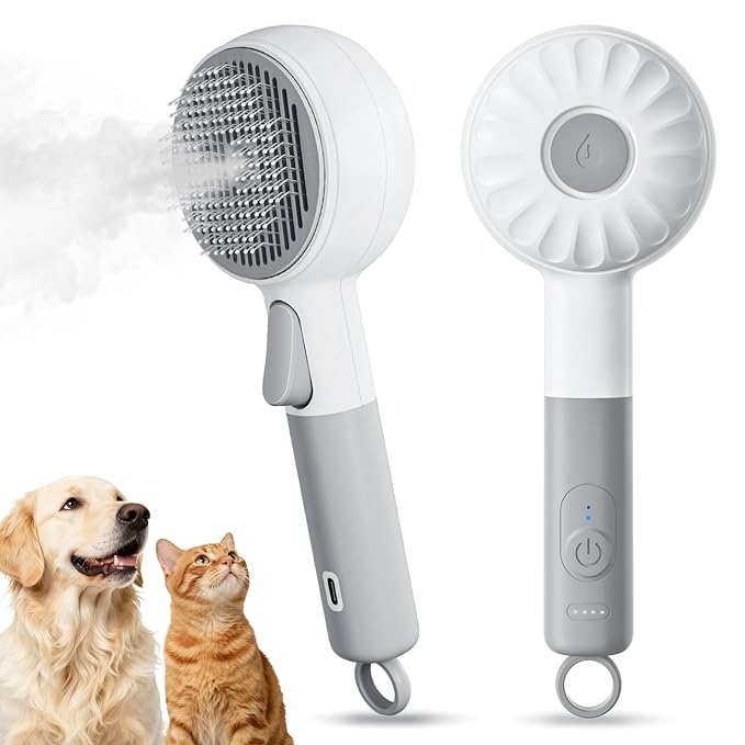Pet Spray Brush for Cats & Dogs, 3-in-1 Grooming Tool with Steam Mist, 2-Speed Spray Settings, Removes Dander & Deshedding, One-Touch Self-Cleaning Hair Brush, for Long Short Hair Pets