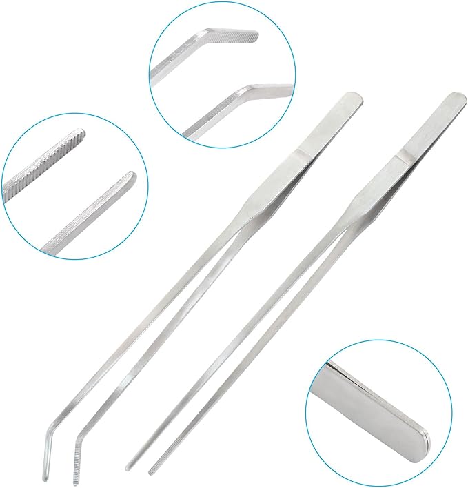 2PCS Stainless Steel Reptile Feeding Tongs, Long Tweezers Aquarium Terrarium Feeder Tools for Reptiles, Lizards, Snakes (Straight and Curved)