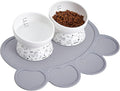Ceramic Raised Cat Bowl Set | Elevated Food and Water Bowls for Cats and Small Dogs | 2 Pack Tilted With Anti-Slip Silicone Mat (Gray)