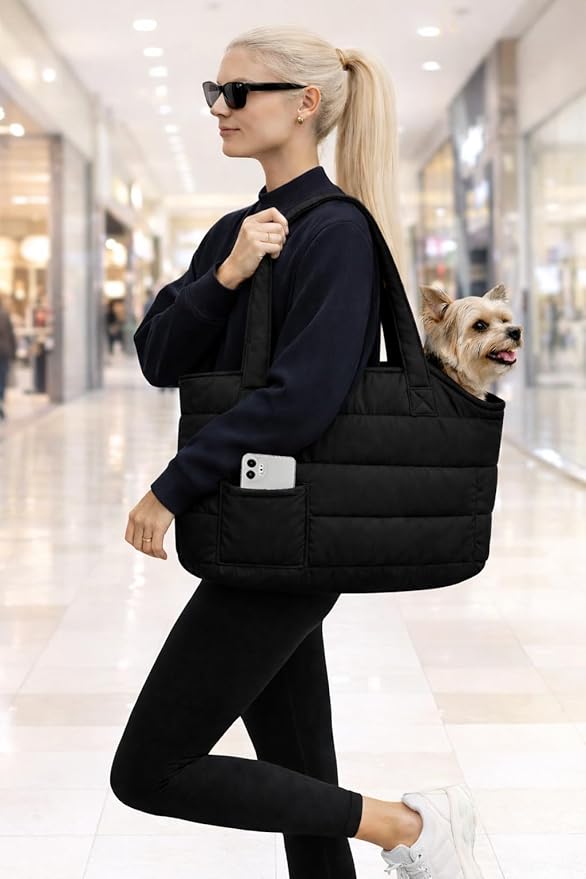 Dog Purse Carrier for Small Dogs, Puffer Dog Bag, Portable Travel Tote Bag for Small Dogs, with Safety Leash & Phone Pocket