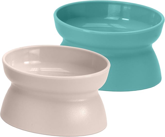 Kitty City Elevated Cat Bowls (Set of 2), Whisker-Friendly Raised Cat Food & Water Dishes, Modern Pedestal Design, Dishwasher Safe, 10.8 oz Each – Teal & Light Pink