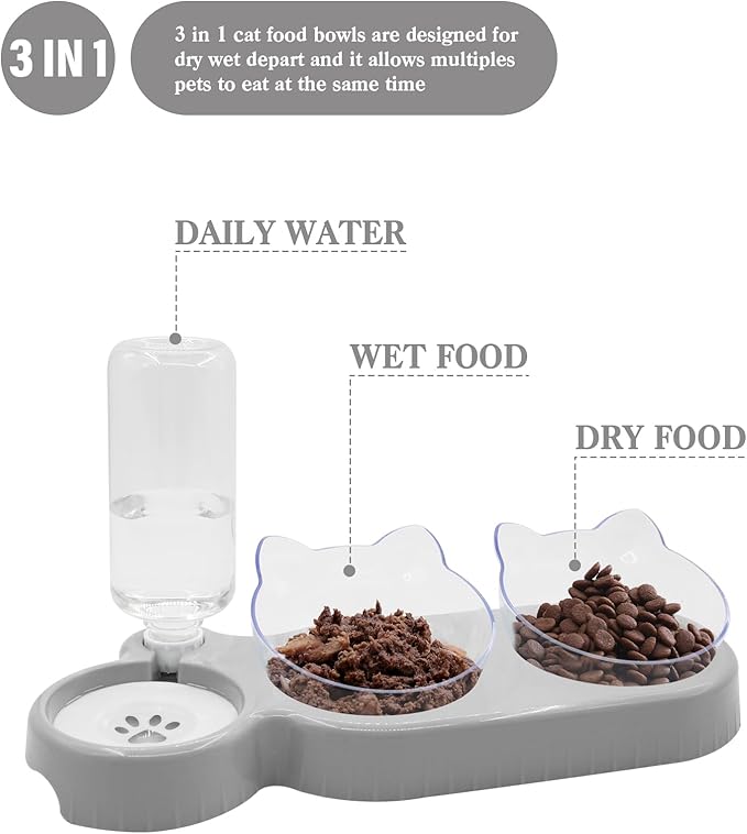 Triple Cat Bowls - 3-in-1 Water Feeder & Food Bowls with Automatic Water Bottle, Whisker Friendly, Elevated Feeding Dishes for Small Cats & Puppies (Lead White)
