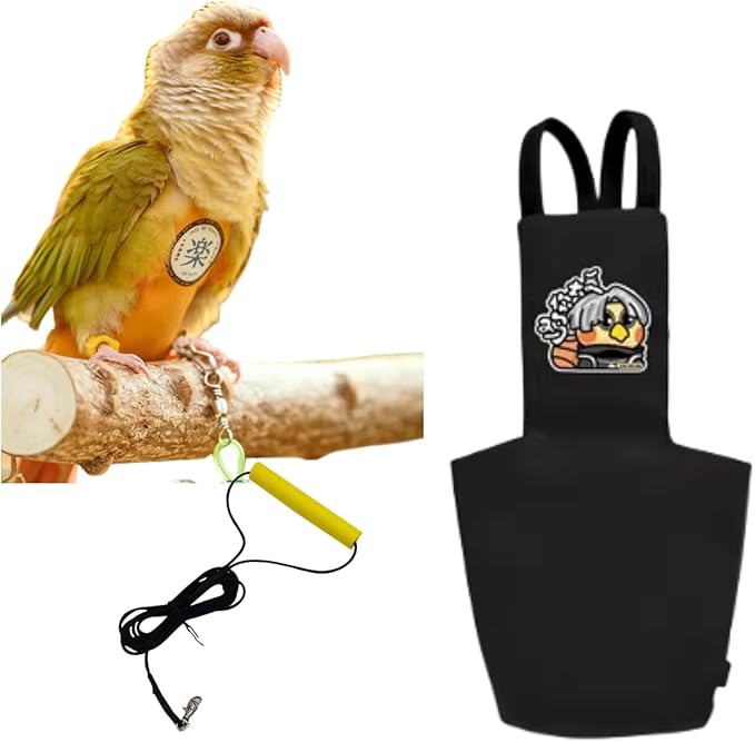 MANON ROSA Bird Diapers Leash Set Washable Reusable Handmade Flight Suit Waterproof Inner Layer - Protective Parrot Nappy Clothes Parakeets Macaws Budgies Canaries (Black3,Budgie)