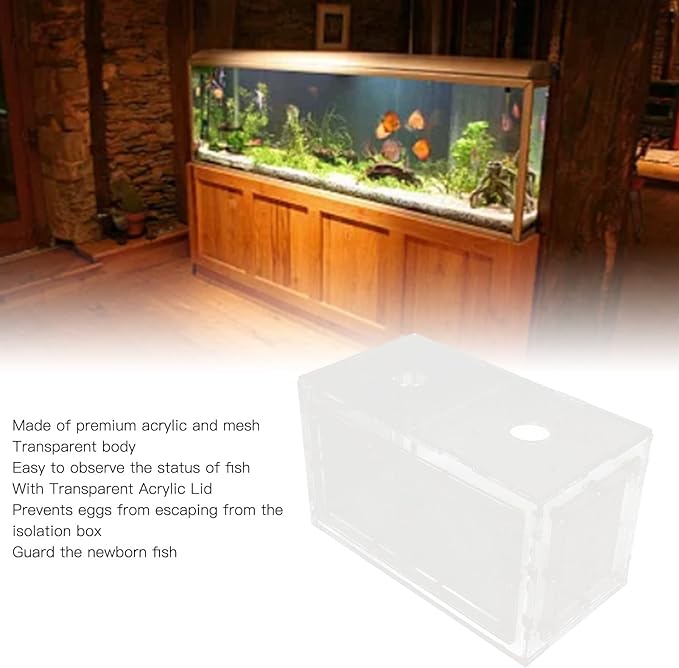 Fish Breeding Isolation Box | Transparent Mesh Side Aquarium Incubator | Guard Small Fish/Eggs | Acrylic Lid & Adjustable Hook | for Fish Tank Hatching (17 * 9 * 10CM)