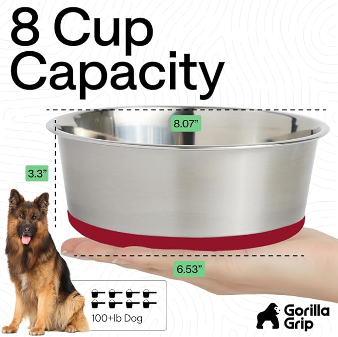 GORILLA GRIP Dog Bowls, Heavy Duty 304 Stainless Steel, Holds 8 Cups Each (64 fl oz) Food and Water Bowl for Feeding Dogs and Cats, Dishwasher Safe, Rust Resistant, BPA Free Rubber Base Set of 2 Red