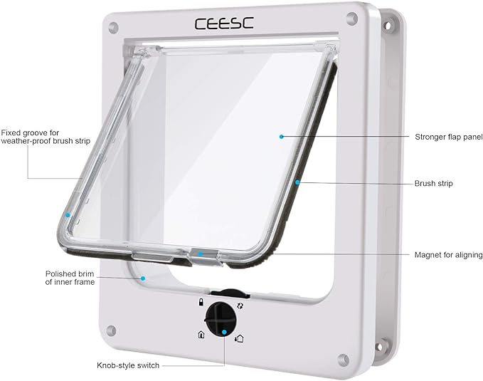 CEESC Medium Cat Door for Interior/Exterior Door, Weatherproof, White, Rotary 4 Way Locking Pet Door for Cats & Dogs with Circumference < 15.75", Upgraded Version