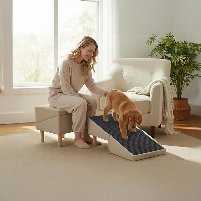 Split Ottoman Dog Ramp Flip - Foldable Dog Ramp Ottoman Stool for Bed & Couch, Indoor Orthopedic Pet Ramp with Wooden Base Support for Small & Medium Dogs, Dachshund & Puppy Safety Ramp, Gray