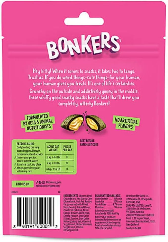 Bonkers Cat Treats, Catnip Chick'n Cheddar Flavor, 3 oz Pack with Catnip Purrpop Sample