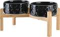 SPUNKYJUNKY Elevated Dog Bowls Ceramic, 7.3'' Dogs Food Water Bowls Raised with Non-Slip Bamboo Stand for Medium to Large Sized Breed Microwave Dishwasher Safe - 42 OZ,Skull Black