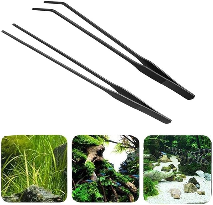 2PCS Aquarium Tweezers Stainless Steel Straight and Curved Tweezers Set Long Handle Reptile Feeding Tongs for Aquatic Plants Lizards Spider Snakes Garden Repairing - 10.6inch, Black