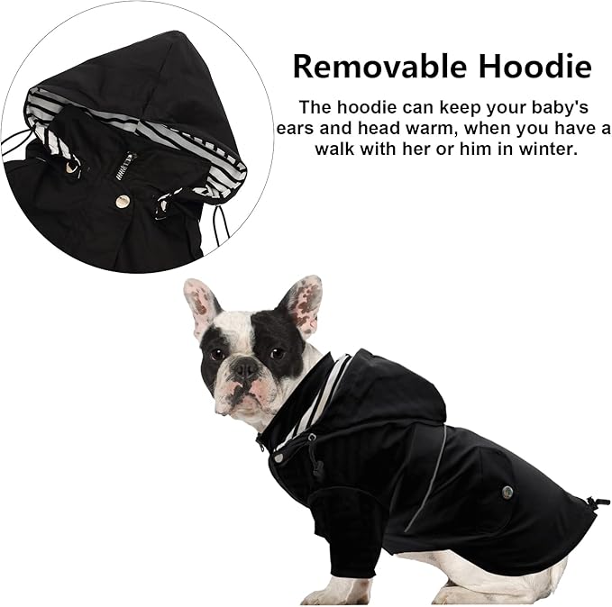 Morezi Dog Zip Up Raincoat with Reflective Buttons, Rain/Water Resistant, Adjustable Drawstring, Removable Hood, Raincoats with Legs 8lbs to 80lbs Available - Black - XS