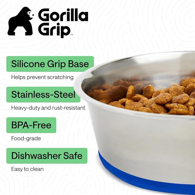 GORILLA GRIP Set of 2 Dog Bowls, Holds 8 Cups (64 fl oz), Heavy Duty Metal Food and Water Bowl for Feeding Dogs and Cats, Dishwasher Safe, Rust Resistant Stainless Steel, BPA Free Rubber Base, Blue