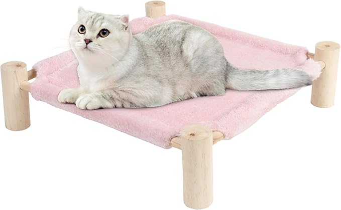 Patas Lague Cat and Dog Hammock Bed for Small Dogs, Brethable Wooden Cat Pet Rabbit Elevated Outdoor Bed Cots Furniture for All Seasons Fleece Pink