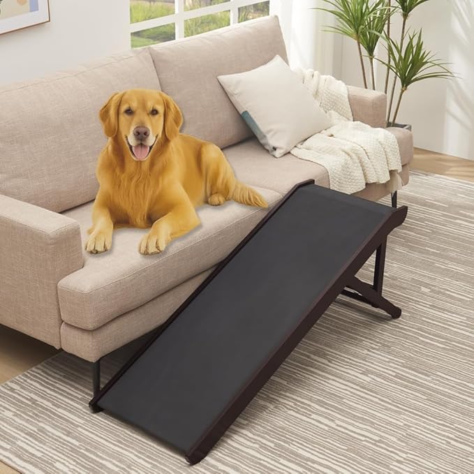 unipaws Foldable Wooden Pet Ramp with Adjustable Height, Dog Ramp to Reach High Bed and Couch, Durable Pet Ladder with Updated Non-Slip Yoga Mat for Dog and Cat