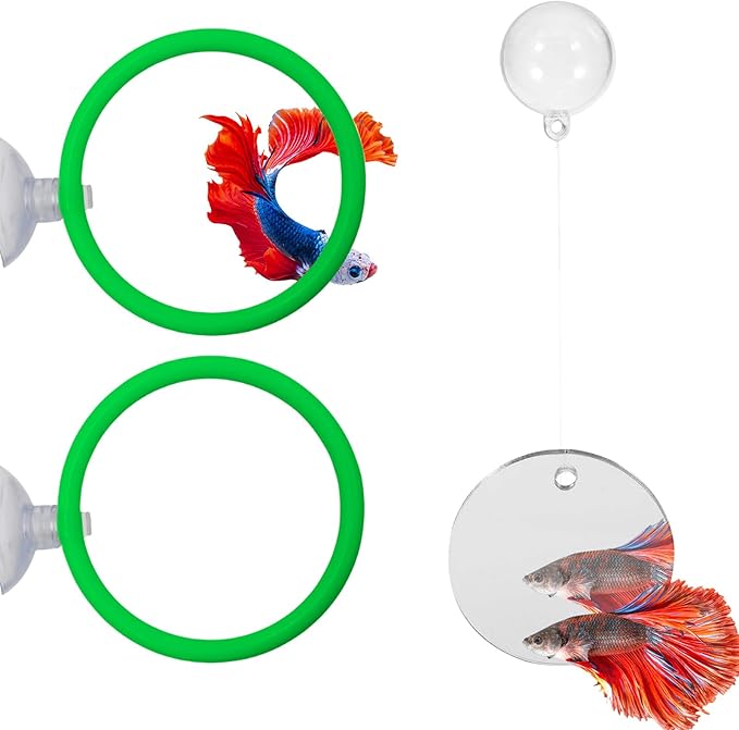 Beta Fish Aquariums Accessories, 1 Fish Mirror with Floating Ball & 2 Exercise Training Ring Toys, Fish Feeding Ring, Betta Fish Toys Set for Tank, Enrichment Toys for Fish