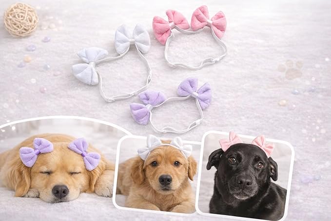 Dog Double Bow Headband Set of 3, Adjustable Elastic Dog Headbands for Small & Medium Dogs, Puppy Head Bows, Dog Hair Accessories for Grooming, Photos & Holiday Occasions