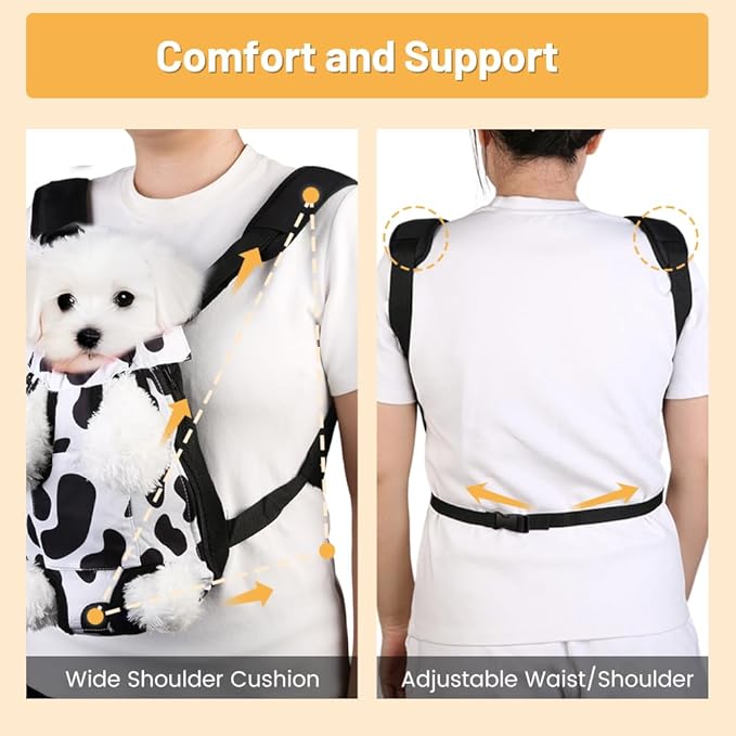 Inspack Dog Backpack Carrier/Cat Carrier, Adjustable Pet Front Carriers Travel Bag for Puppy Medium Dogs, Legs Out, Soft Ventilated Dog Chest Carry Backpacks for Hiking/Camping, 2.5-4 lbs, Cow Print
