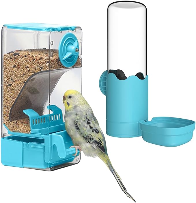 Bird Feeder Water Dispenser Set, Automatic Cage Feeder with Perch for Seed Parakeet Canary Cockatiel Finch Budgies Cage Accessories (Blue)