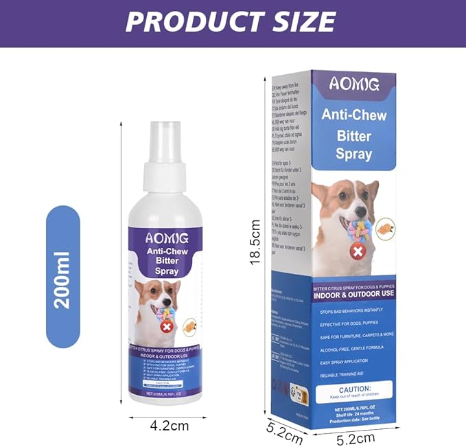 AOMIG Bitter Apple Spray for Dogs to Stop Chewing Licking, No Chew Spray for Dogs, Alcohol-Free Dog Deterrent Sprays to Anti-Chew Furniture Shoes, Indoor & Outdoor Safe Effective Training Aid, 200ml