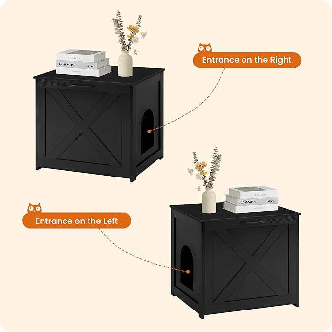 Dwanton Cat Litter Box Furniture Hidden, Cat Litter Box Enclosure, Reversible Entrance Can Be on Left or Right Side, Indoor Cabinet, Wooden Washroom, End Table, Nightstand, Black, 23.6" L