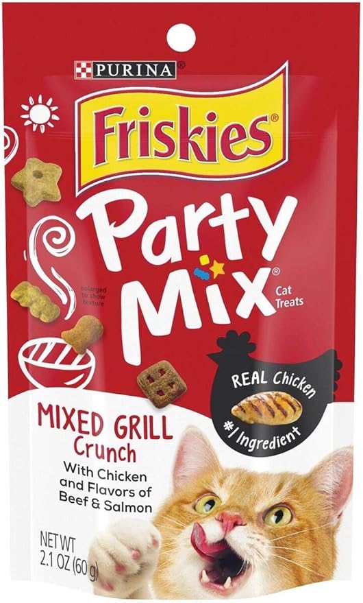 Friskies Party Mix Cat Treats Chicken Mixed Grill Crunch, Beef and Salmon, 2.1 Oz