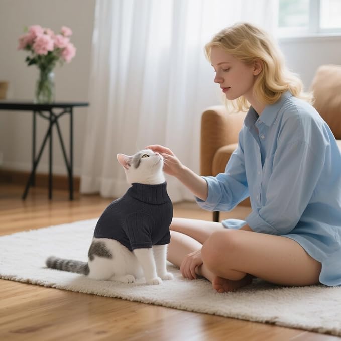 Idepet Sphynx Hairless Cats Sweater Shirt Kitten Soft Puppy Clothes Pullover Cute Cat Pajamas Jumpsuit Cotton Apparel Pet Winter Turtleneck for Cats and Teacup Chihuahua Small Dogs(Black,S)