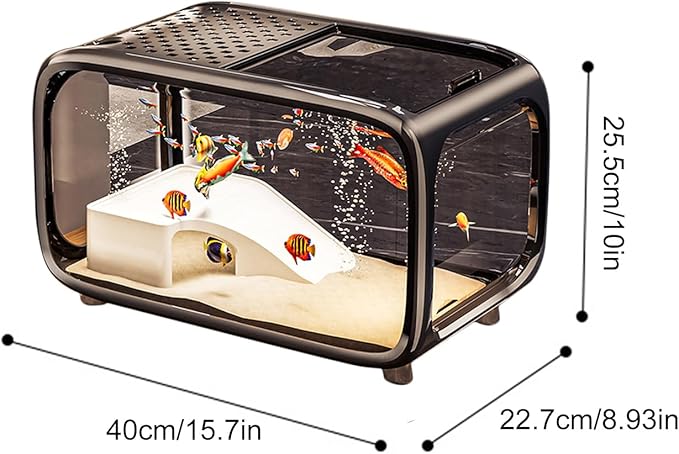 Small Aquarium | Desktop Fish Bowl Turtle Tank with Climbing Decor,Clear Living Habitat Landscape Decor with Top Feeding Hole for Aquatic Animals Shrimp Snails Aquatic Planting Betta