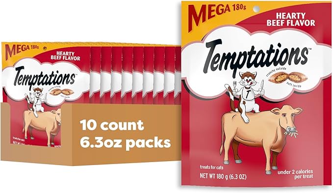Temptations Classic Soft Cat Treats, Hearty Beef Flavor, Crunchy Cat Treats, 6.3 oz. Pouch (Pack of 10)