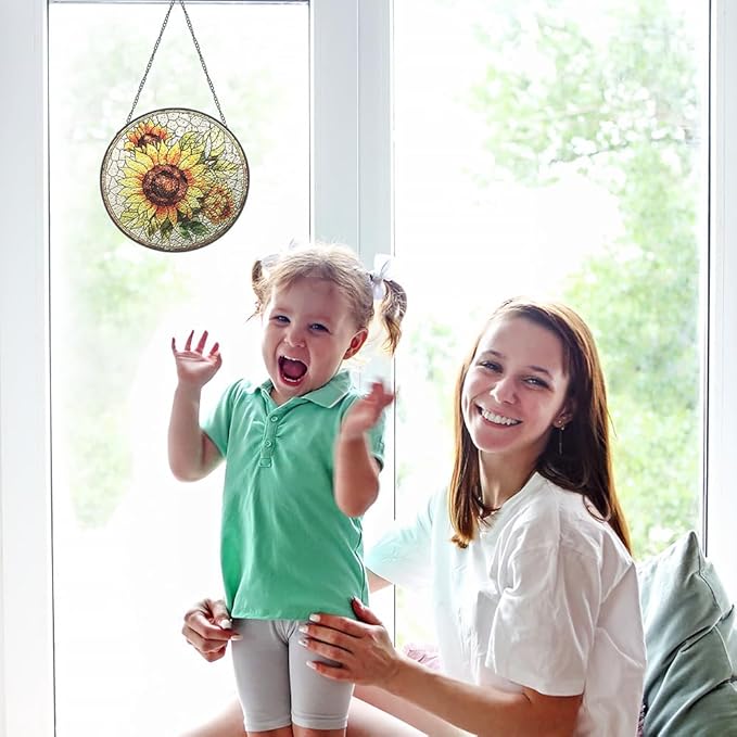 Sunflower Suncatcher Stained Glass Window Hanging Decor-Vibrant Sun Catchers for Indoor Windows, Unique Gifts for Plant Lovers, Housewarming, Birthday or New Home Celebration, Sunny Summer Decoration